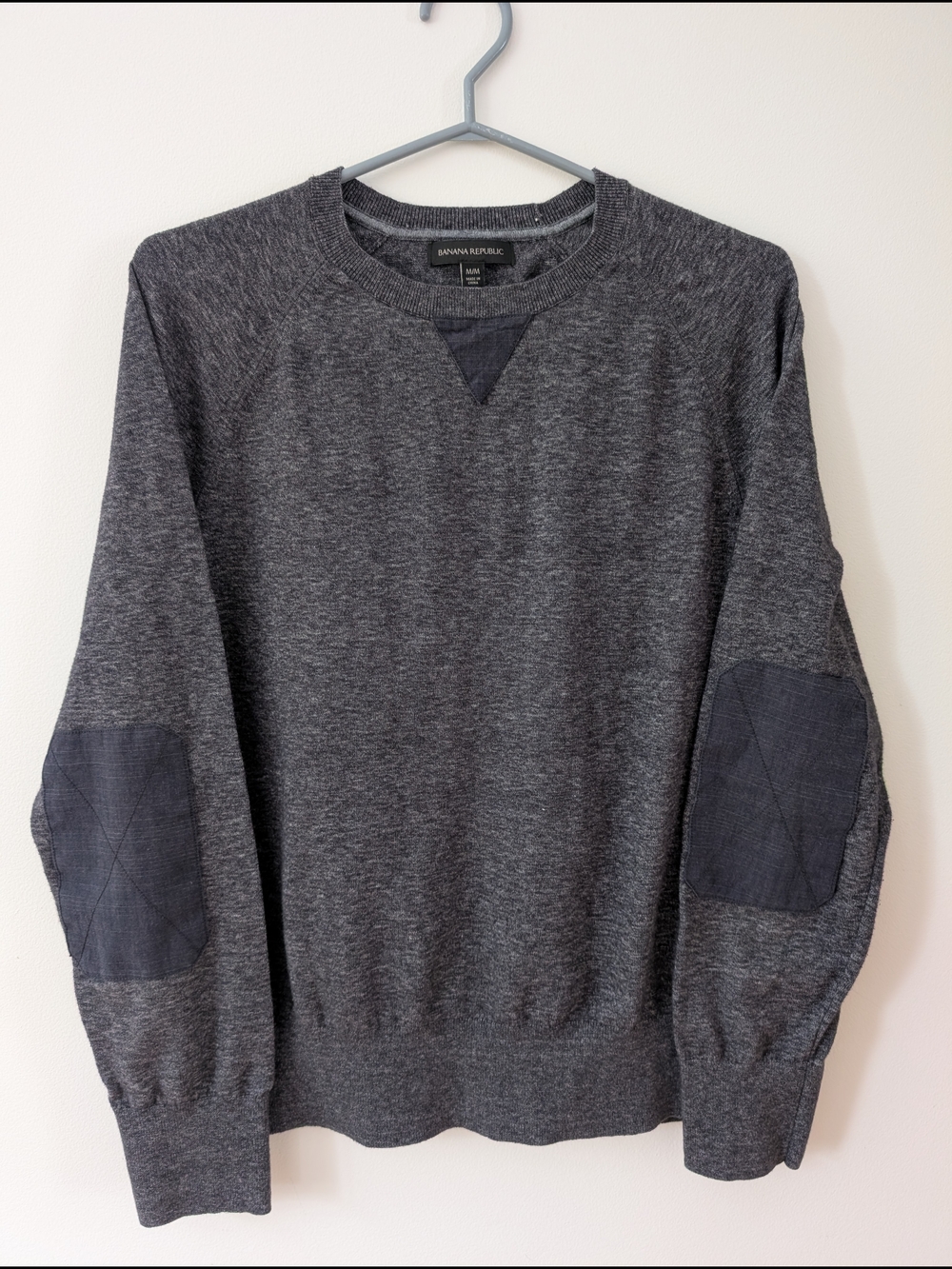 Banana Republic Men's Dark Gray Crewneck Sweater with Elbow Patches